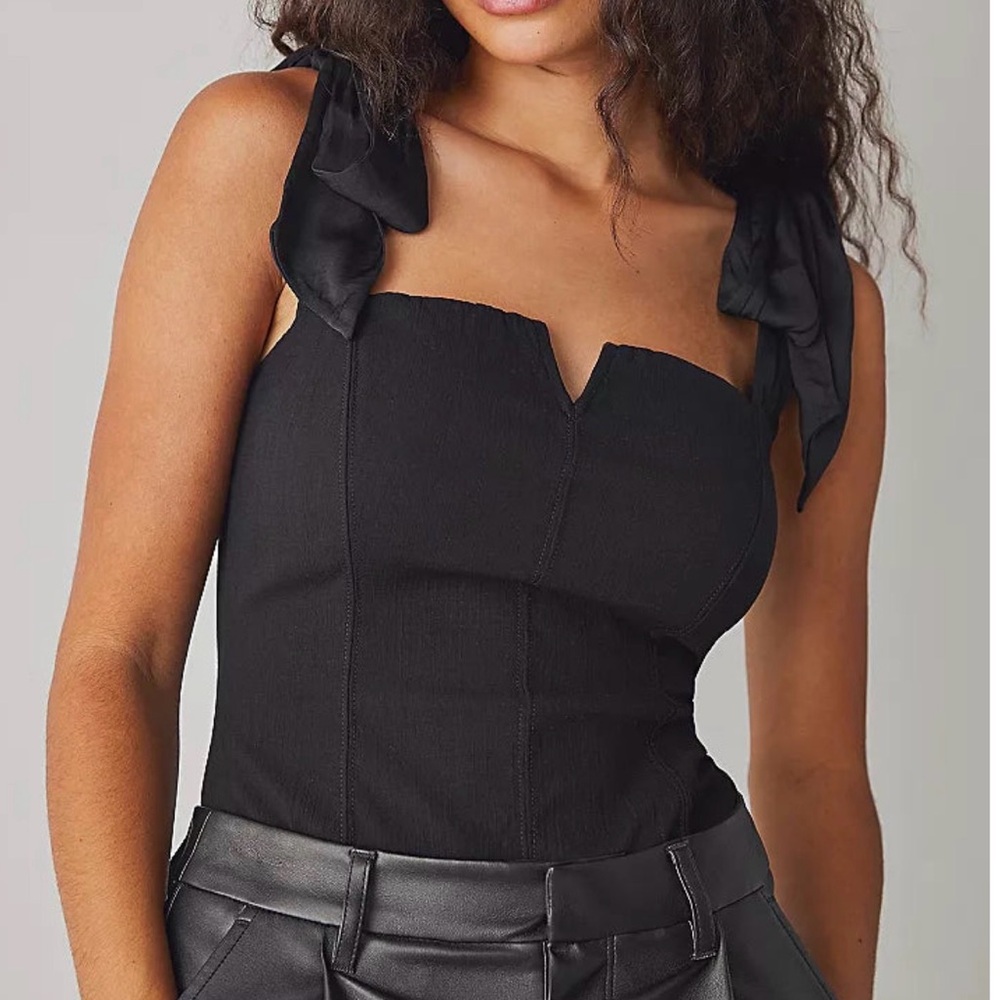 FP Movement by Free People Black Bodysuit with Bow Straps